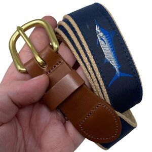 Leatherman LTD Marlin Belt Men’s Size 38 Blue Canvas Brown Leather Brass Buckle